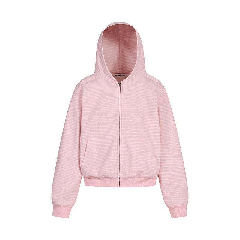 Damen Kurz geschnittene Kapuzen-Sweatjacke mit kurzem Bund, Streifenstruktur und Reißverschluss Shop Nory