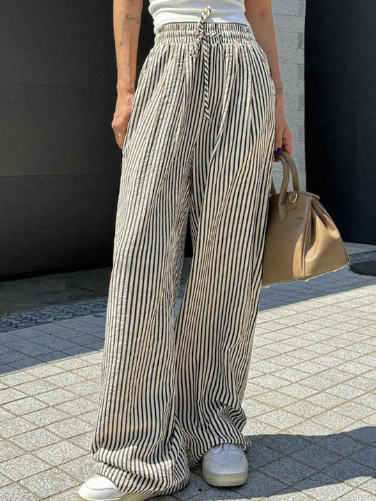 Damen Marlene-Streifenhose aus Leinenmix mit weitem Bein, Elastikbund und Kordelzug Shop Nory