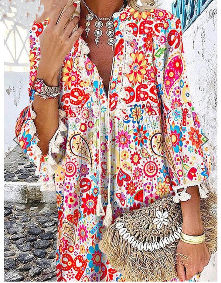 Damen Tunika-Kleid mit kreativem Print und Taschendetails