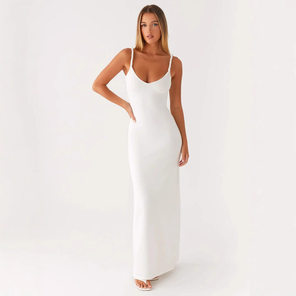 Damen Elegantes Maxirockkleid mit tiefem V-Ausschnitt und feinen Trägern