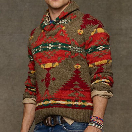 Herren Grobstrickpullover mit einzigartigem Muster und hohem Kragen