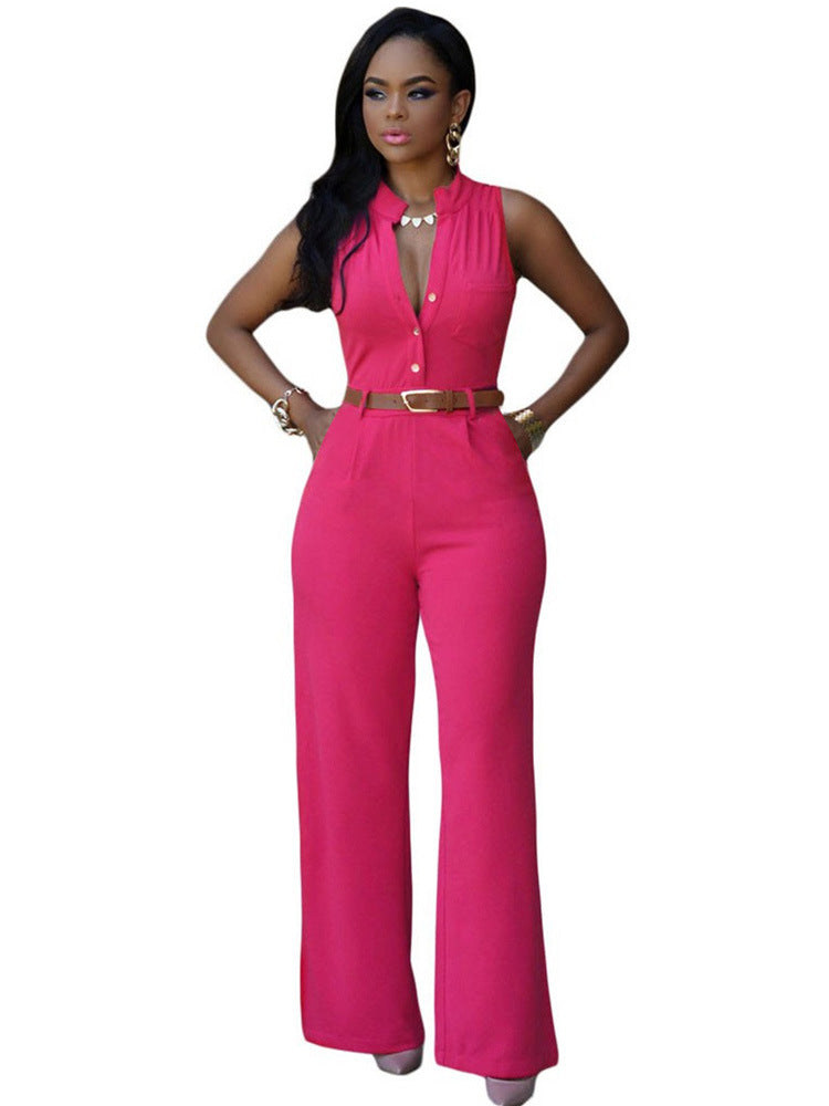 Damen Eleganter Jumpsuit mit Gürtel und Knopfdetail