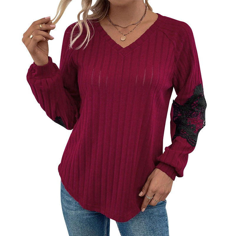 Damen Leichter Rippstrick-Pullover mit V-Ausschnitt und floraler Spitzenapplikation an den Ärmeln Shop Nory