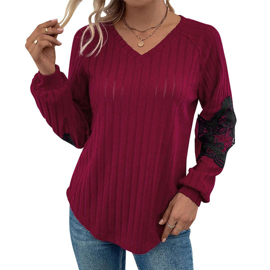 Damen Leichter Rippstrick-Pullover mit V-Ausschnitt und floraler Spitzenapplikation an den Ärmeln Shop Nory