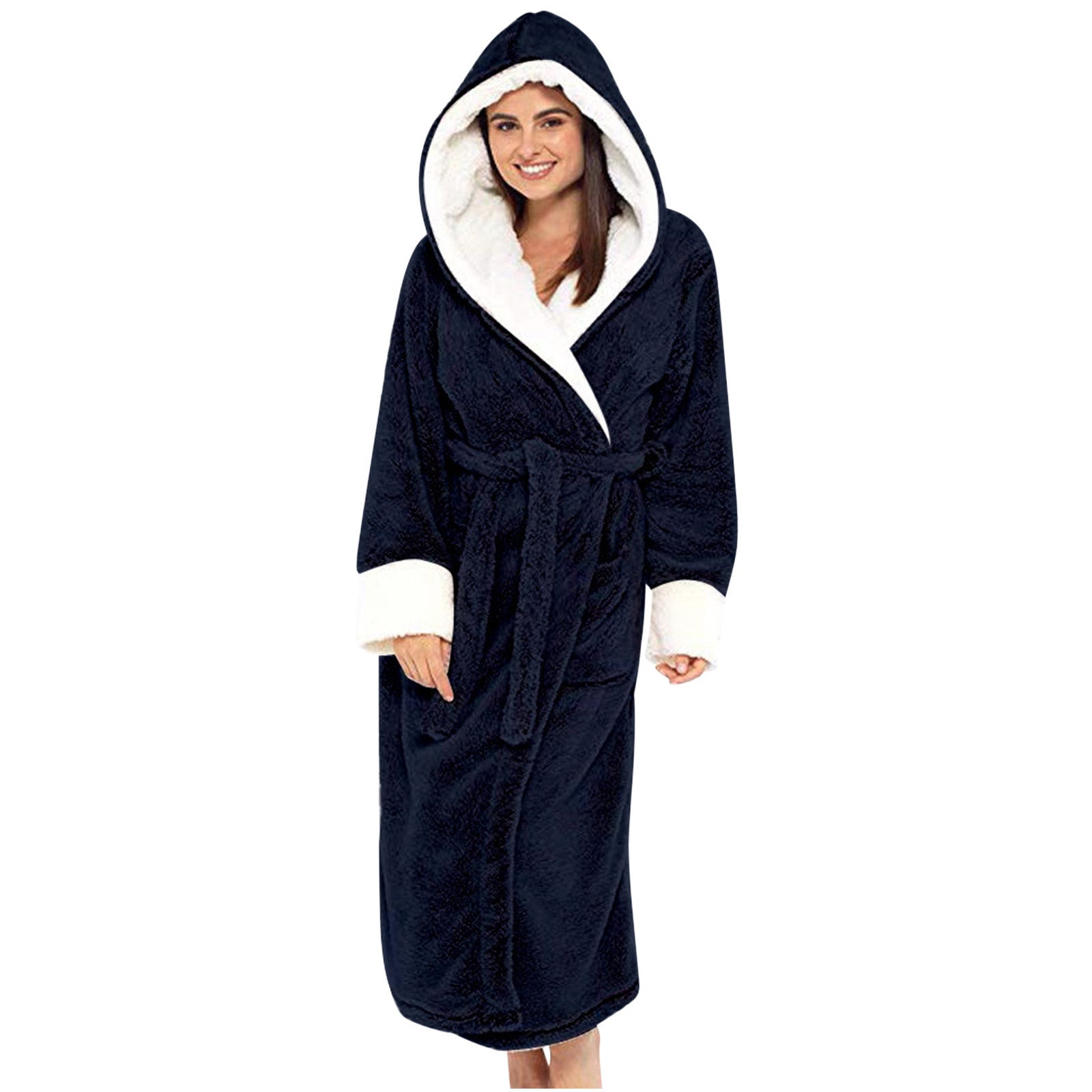 Damen Kuscheliger Fleece-Morgenmantel mit Kapuze und Gürtel ShopNory