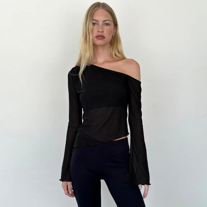Damen asymmetrisches Langarmshirt mit transparenten Ärmeln und figurbetonter Silhouette