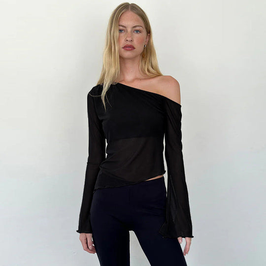 Damen asymmetrisches Langarmshirt mit transparenten Ärmeln und figurbetonter Silhouette