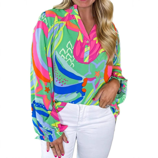 Damen Locker geschnittene Viskose-Bluse mit grafischem Alloverprint & Manschetten Shop Nory