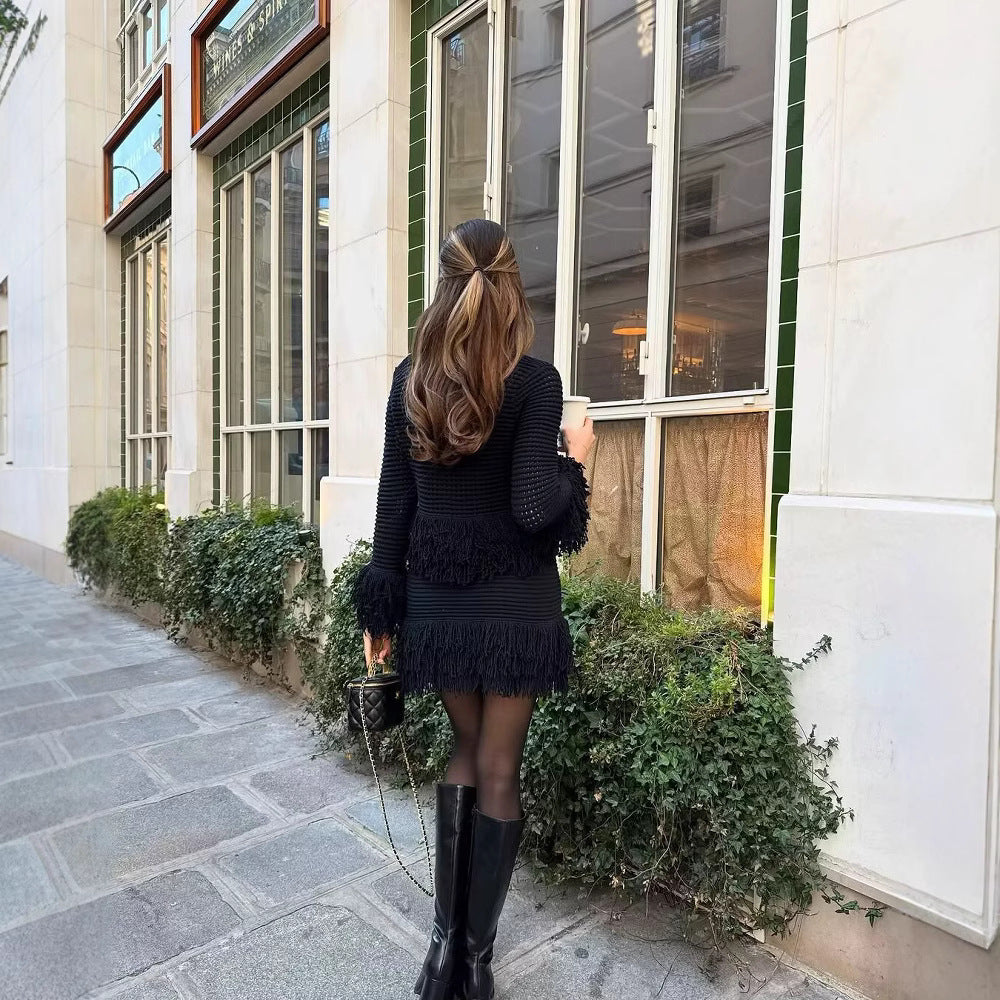 Damen Taillierte Strickjacke mit Fransenbesatz und Hemdkragen Shop Nory