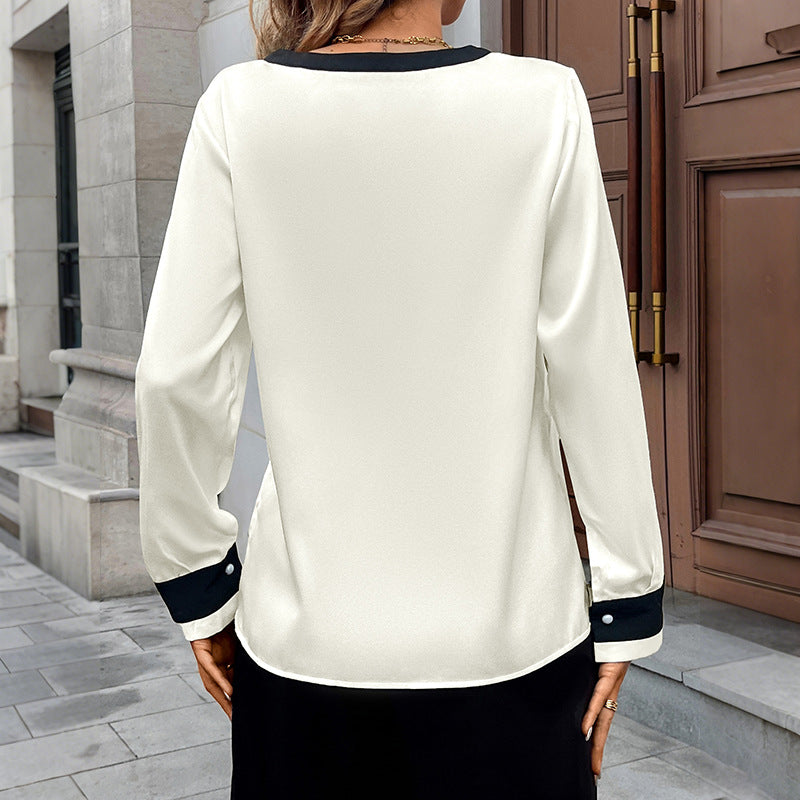Damen Elegante Seidenoptik-Bluse mit kontrastiertem V-Ausschnitt und Perlenknopfleiste Shop Nory