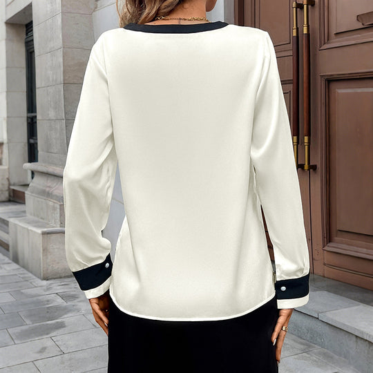 Damen Elegante Seidenoptik-Bluse mit kontrastiertem V-Ausschnitt und Perlenknopfleiste Shop Nory