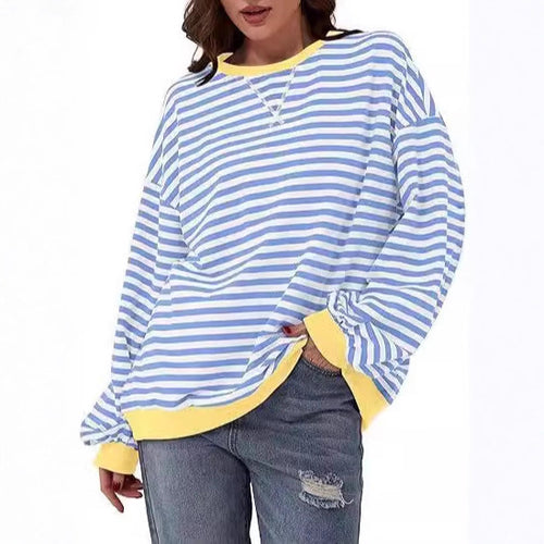 Damen Lässiges Oversize-Streifen-Sweatshirt mit Raglanärmeln und Kontrastbündchen Shop Nory