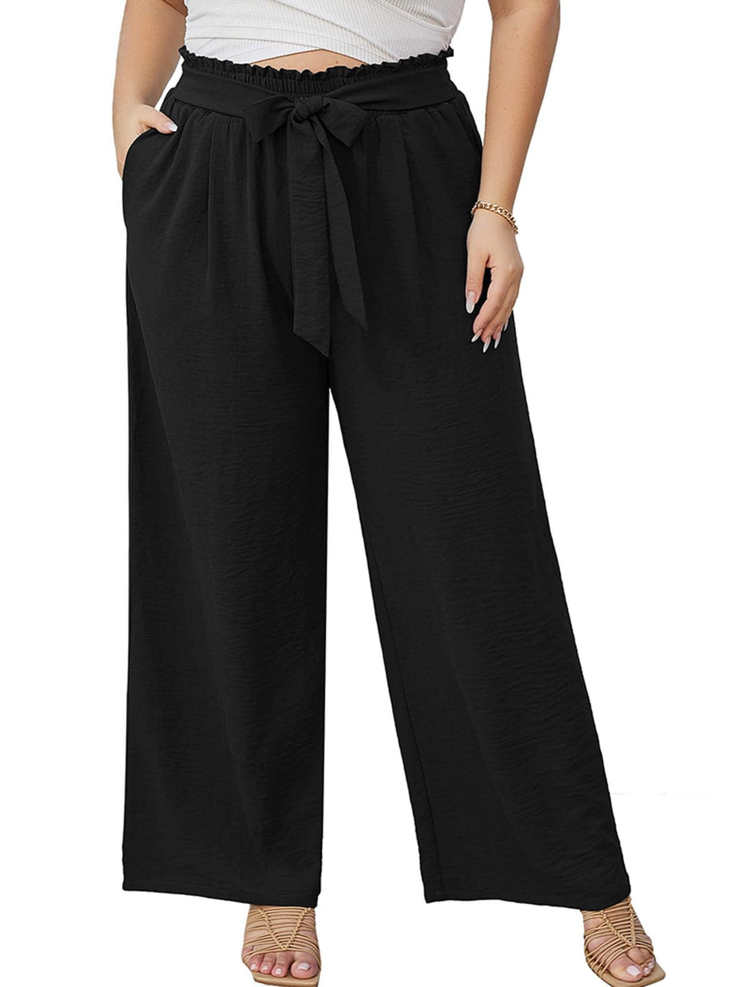 Damen Paperbag-Hose mit weitem Bein, Gummizug, Bindegürtel und Eingrifftaschen Shop Nory