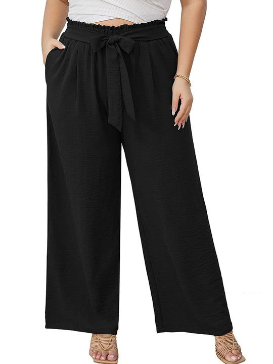 Damen Paperbag-Hose mit weitem Bein, Gummizug, Bindegürtel und Eingrifftaschen Shop Nory