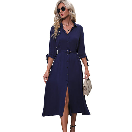 Damen Hemdblusenkleid in Midilänge mit durchgehender Knopfleiste, dreiviertelärmeln und Taillengürtel Shop Nory