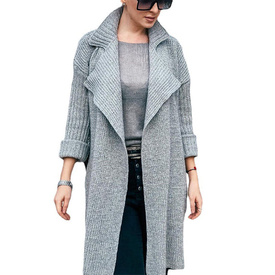 Damen Langer Offener Strickmantel mit Schalkragen und Umschlagärmeln Shop Nory