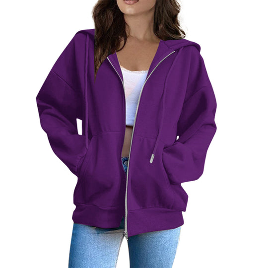 Damen nan lässige Kapuzenjacke mit durchgehendem Reißverschluss, Kängurutaschen und voluminösen Raglanärmeln Shop Nory