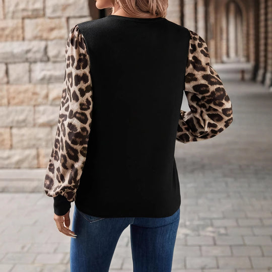 Damen Sweatshirt mit Chiffon-Ballonärmeln und Leo-Print Shop Nory