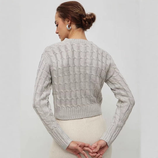 Damen Kurzgeschnittener Zopfstrick-Pullover mit Rundhalsausschnitt und Rippbündchen Shop Nory