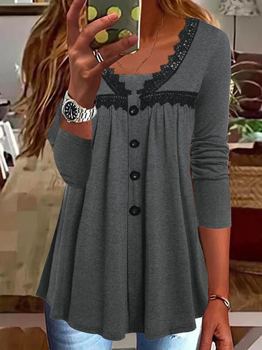 Damen A-Linien Tunika-Shirt mit Knopfleiste, Spitzen‑YokShop Noryesatz und geraffter Empire‑Naht Shop Nory