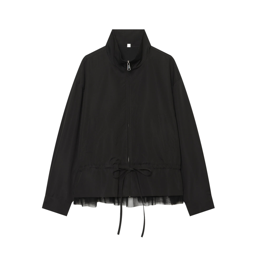 Damen leichte taillierbare Windjacke mit Stehkragen, Tunnelzug und Tüllbesatz Shop Nory