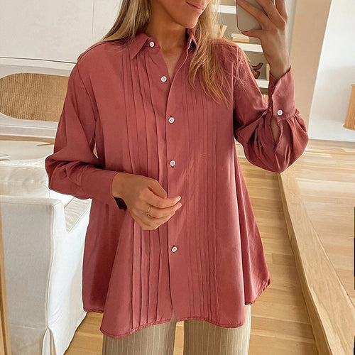 Damen Plissierte Tunika-Bluse mit Hemdkragen und lockerer A-Linien-Silhouette Shop Nory