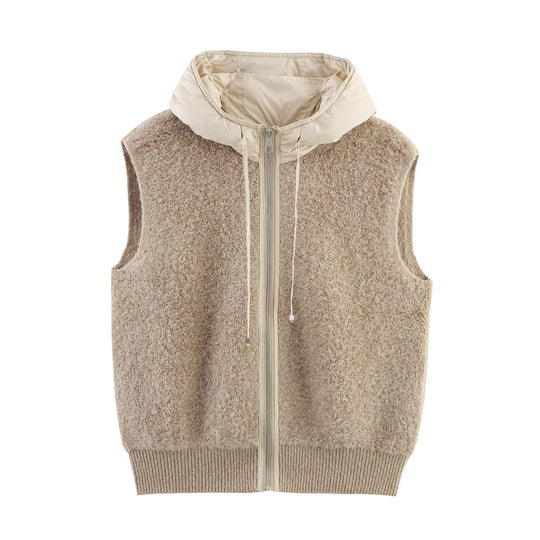 Damen Ärmellose Bouclé-Weste mit Reißverschluss, wattierter Kapuze und Rippbund Shop Nory