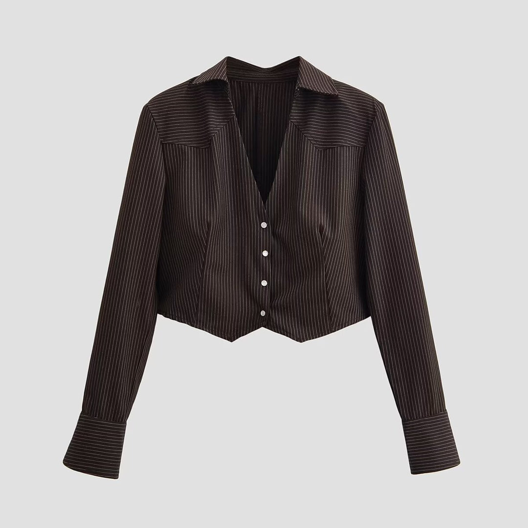 Damen Kurzbluse im Nadelstreifen-Look mit taillierter Schnittführung und spitzem Saum Shop Nory
