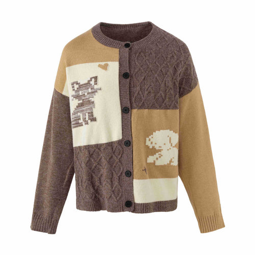 Damen Strickcardigan im Patchwork‑Look mit Zopfmuster und Rundhalsausschnitt Shop Nory