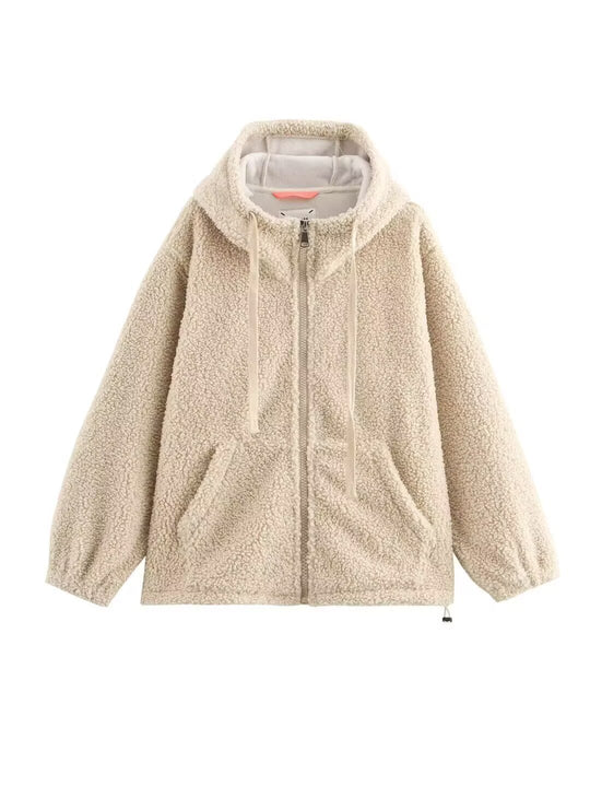 Damen Teddy-Fleece-Kapuzenjacke mit durchgehendem Reißverschluss und Kängurutaschen Shop Nory