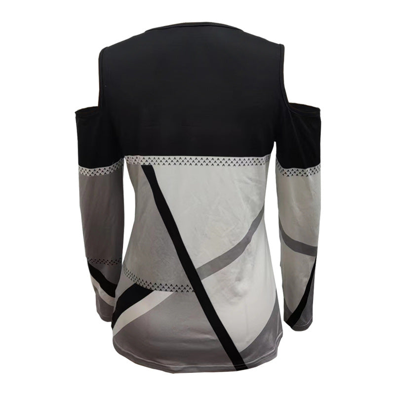 Damen Cold-Shoulder Langarmshirt mit grafischem Blockmuster und Metallring Shop Nory