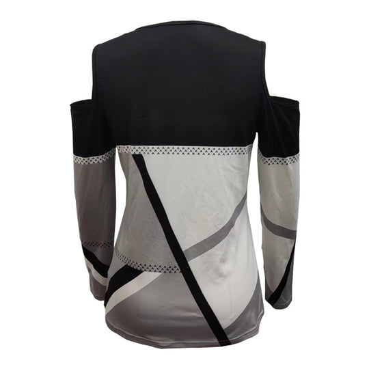 Damen Cold-Shoulder Langarmshirt mit grafischem Blockmuster und Metallring Shop Nory