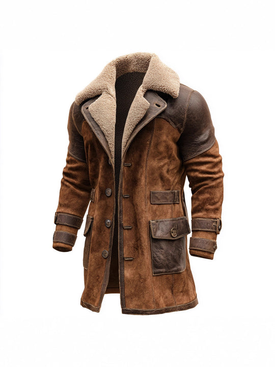Herren Langer Shearling-Mantel aus Wildleder mit Lederbesatz Shop Nory