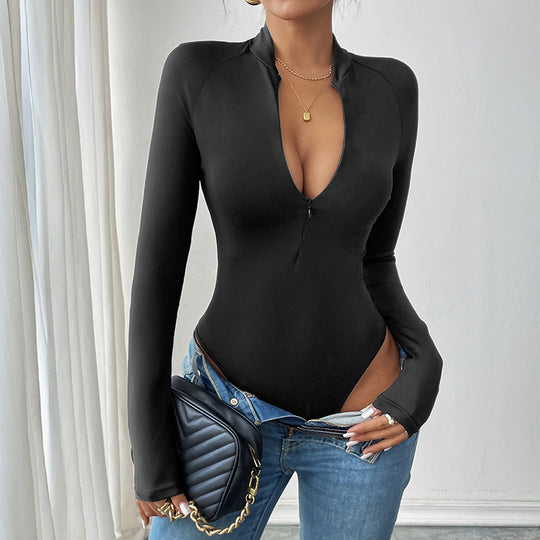Damen Tailliertes Langarmshirt mit kurzem Reißverschluss und Stehkragen Shop Nory