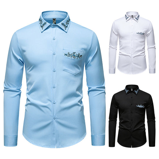 Herren Elegantes Slim-Fit Hemd mit floraler Stickerei am Kragen und aufgesetzter Brusttasche Shop Nory