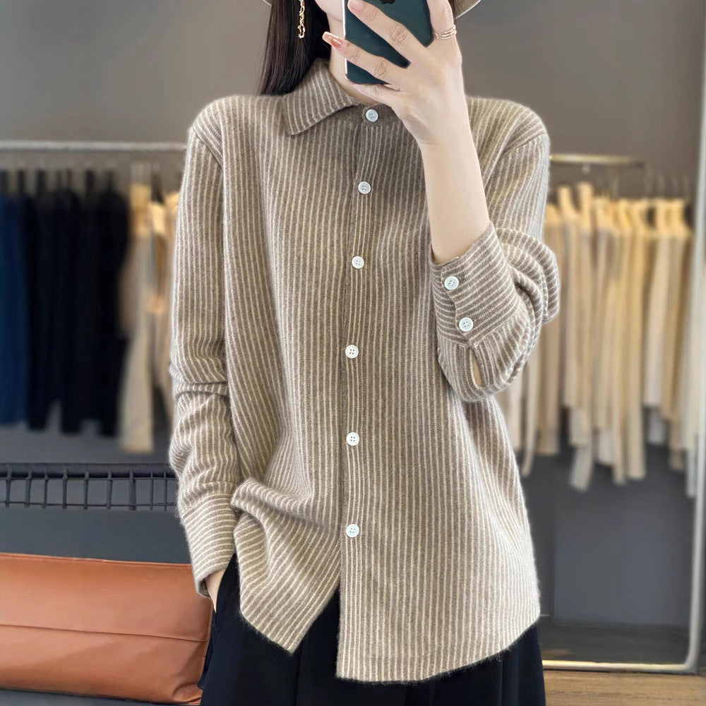 Damen Leichtes Feinstrick-Hemd mit Polokragen und feinen Längsstreifen Shop Nory