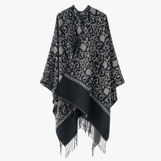 Damen Jacquard-Ruana mit ornamentalem Bordürenmuster und Fransensaum Shop Nory