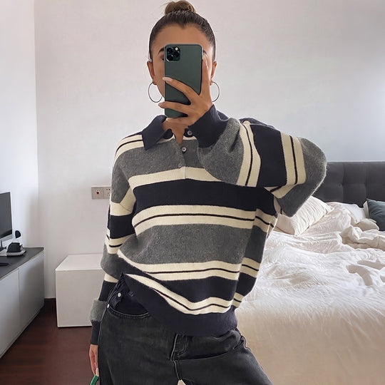Damen Oversize-Polokragen-Strickpullover mit Streifenmuster und Raglanärmeln Shop Nory