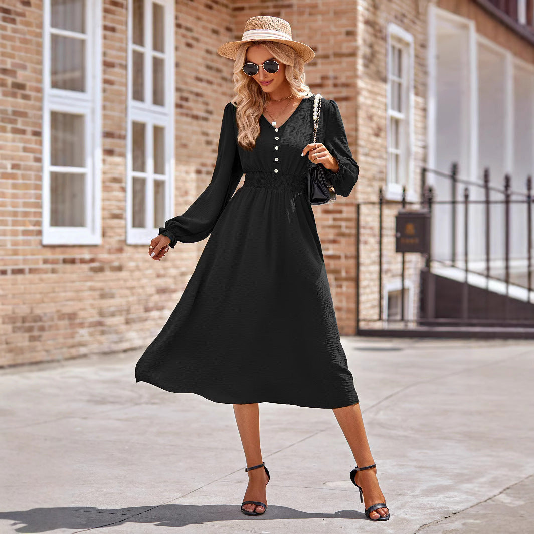 Damen Midikleid mit V-Ausschnitt, geraffter Smock-Taille und Knopfleiste Shop Nory