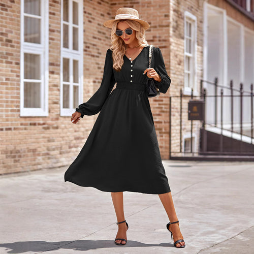 Damen Midikleid mit V-Ausschnitt, geraffter Smock-Taille und Knopfleiste Shop Nory