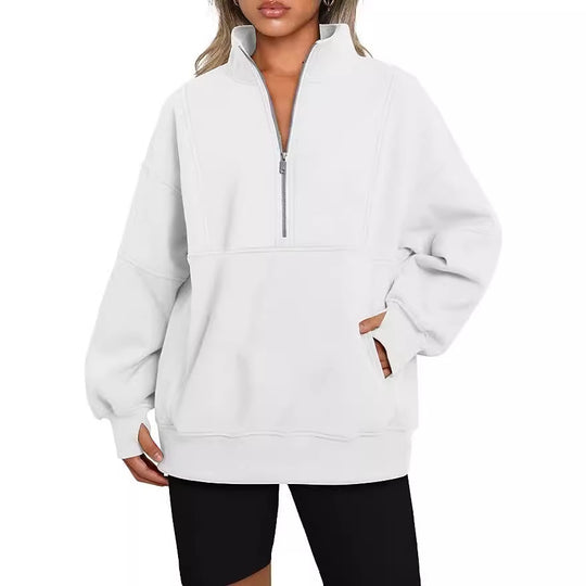 Damen Oversized Sweatshirt mit halbem Reißverschluss, Kängurutasche und Stehkragen Shop Nory