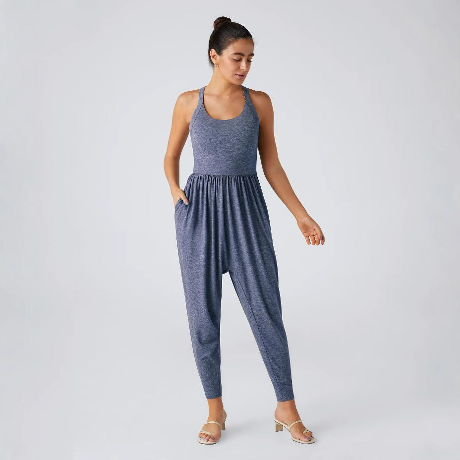 Damen nan lässiger Jersey-Overall mit Racerback, smockierter Taille und seitlichen Eingrifftaschen