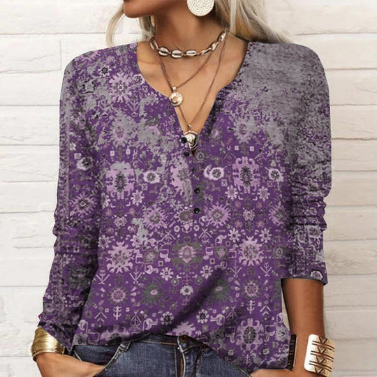 Damen Lockeres Langarm‑Henleyshirt mit V‑Ausschnitt, Knopfleiste und Ombre‑Print Shop Nory