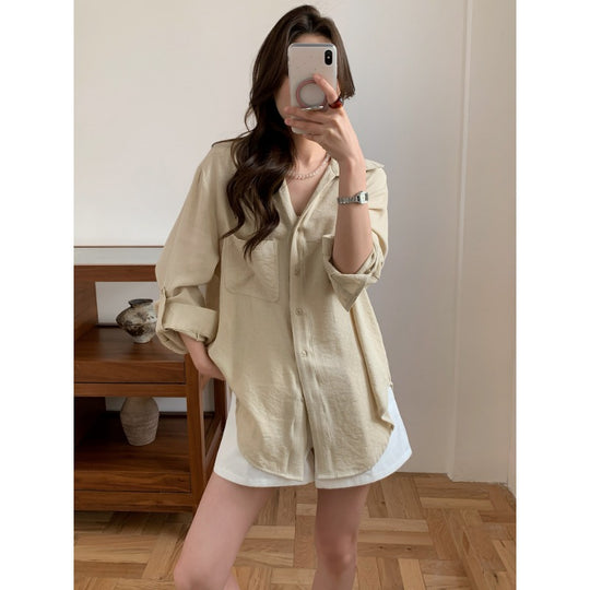 Damen Lässiges Leinenoptik-Longshirt mit Oversize-Schnitt und Brusttasche Shop Nory