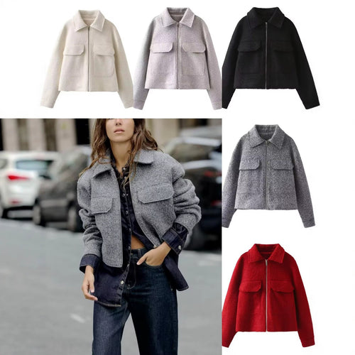 Damen Kurze Bouclé‑Jacke im Boxy‑Cut mit Reißverschluss und Pattentaschen Shop Nory