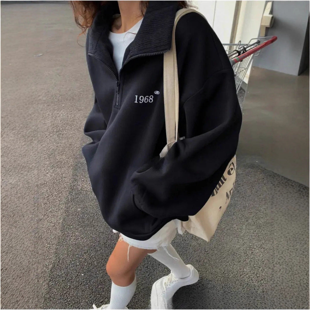 Damen Oversized Sweatshirt mit halbem Reißverschluss, hohem Stehkragen und Kängurutasche Shop Nory
