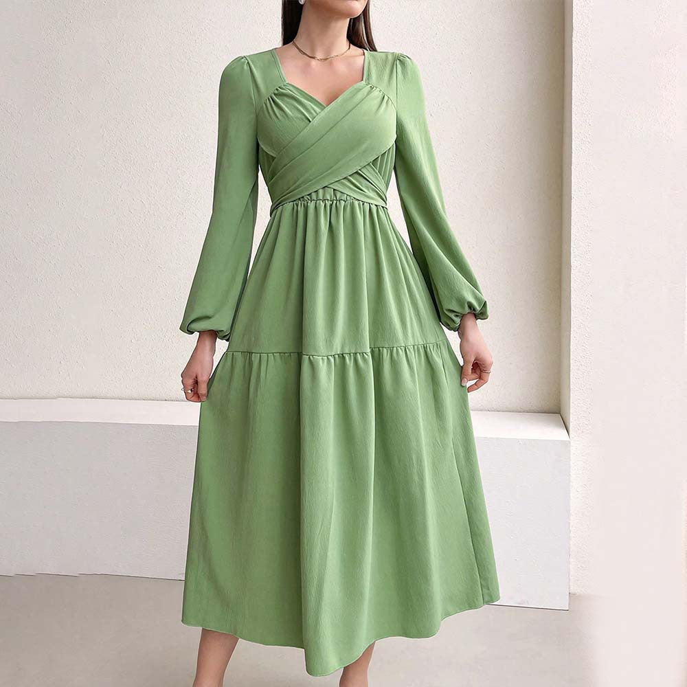 Damen langärmeliges Midikleid mit überkreuztem Drapé-Bustier, elastischer Unterbrustnaht und zweistufigem Stufenrock Shop Nory