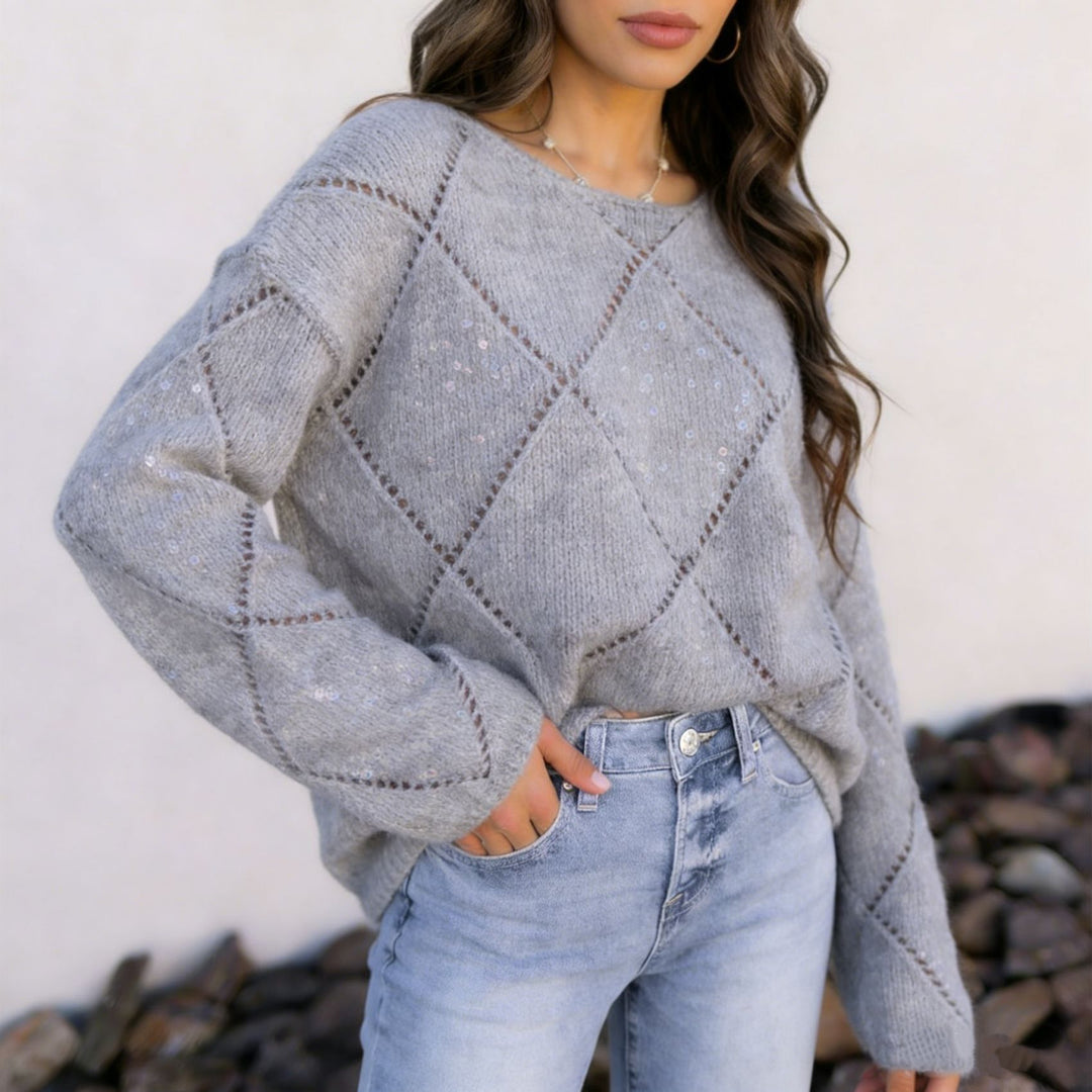 Damen Grobgestrickter Oversize-Pullover mit Ajour‑Rautenmuster und Pailletten Shop Nory