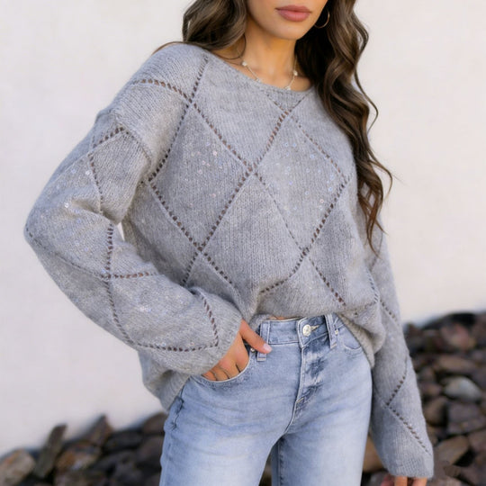 Damen Grobgestrickter Oversize-Pullover mit Ajour‑Rautenmuster und Pailletten Shop Nory