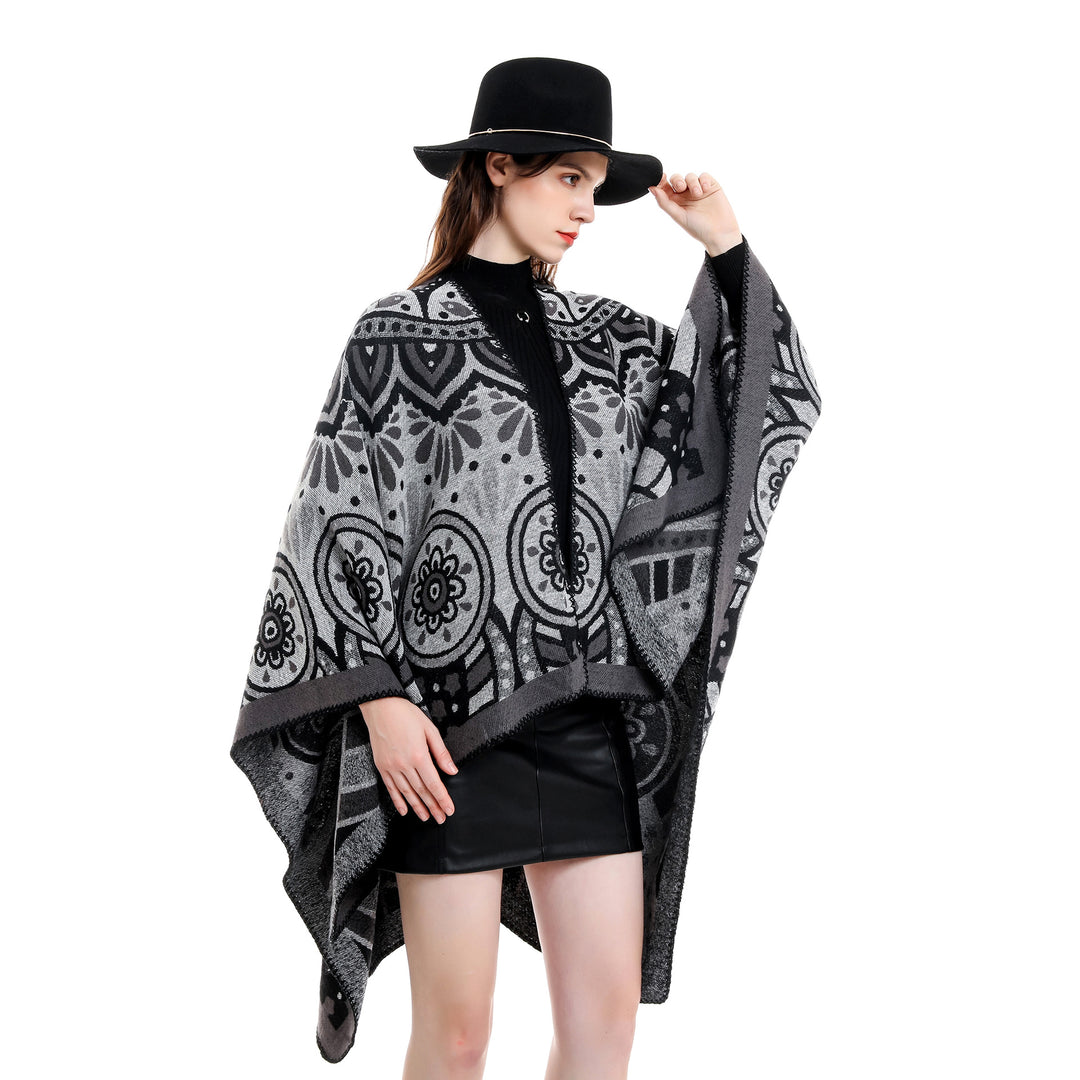 Damen Wollmix-Umhangponcho mit ornamentaler Jacquardstruktur und offenem Fall Shop Nory